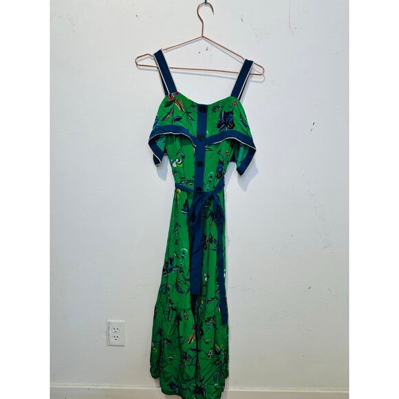 DEREK LAM Green Floral 100% Silk Ruffled Popover Cami Style Midi Dress Size 2 - Picture 4 of 15